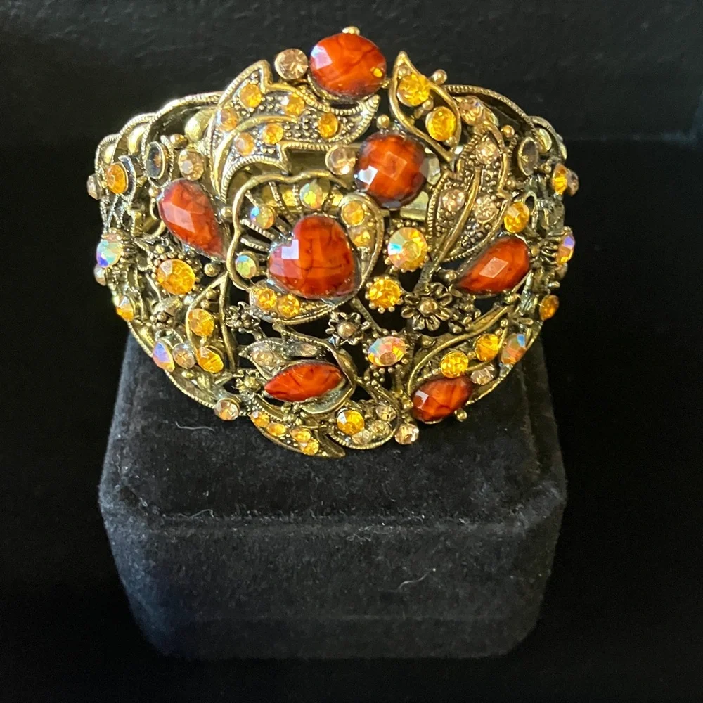 Vintage gold, tone, cuff, bracelet, brown, and Amber rhinestones